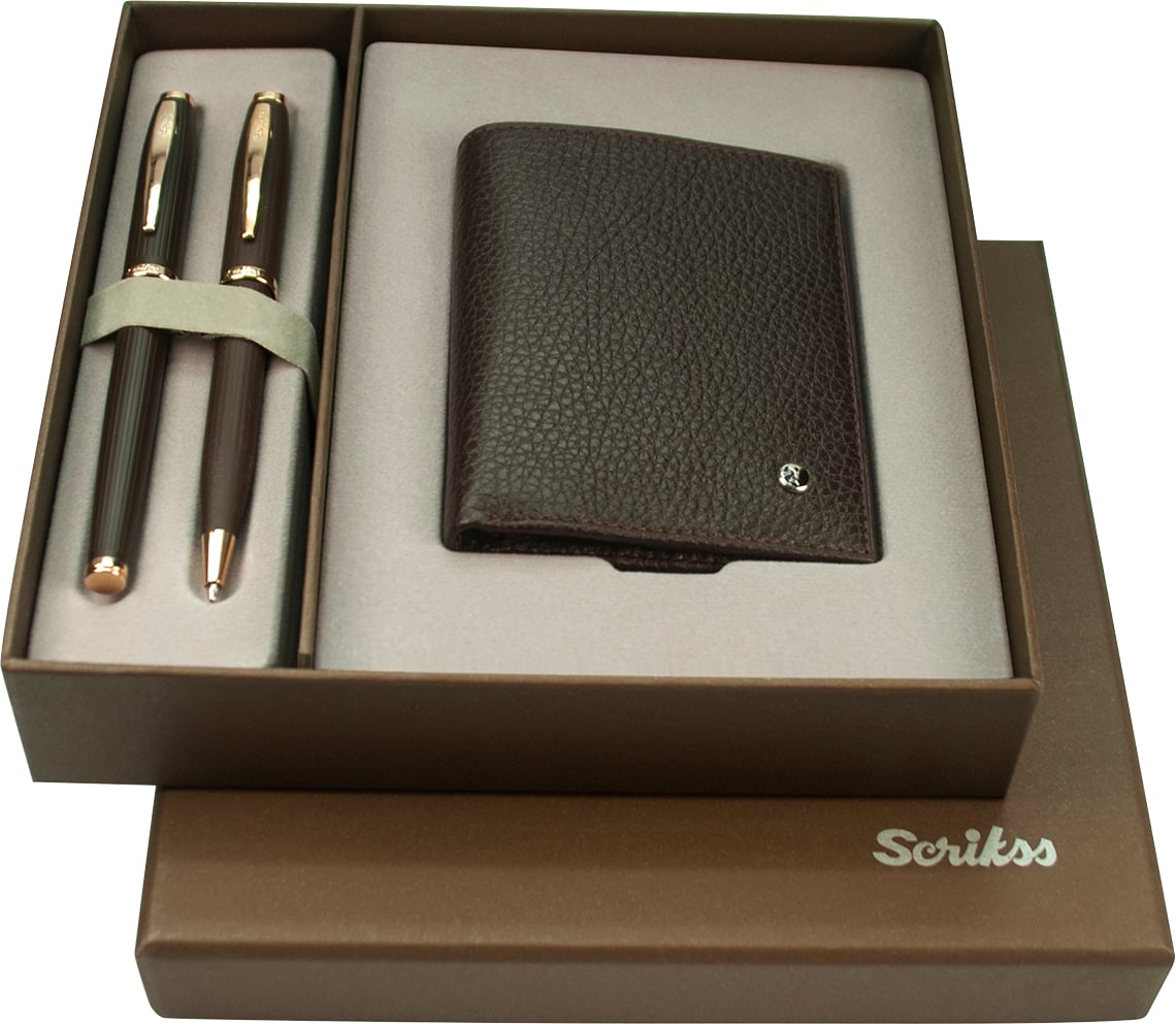 DR242 Hediyelik Set Dolma Kalem - Tükenmez Kalem 39 Oscar Rose Gold - Kahverengi & Comfort Cüzdan Kahverengi
