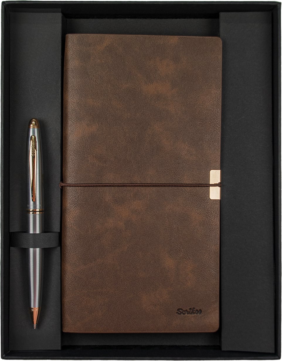 SD700-C2-A Toledo Premium Defter C7 Kahverengi & Knight 88 Gold Krom Tükenmez Kalem Seti