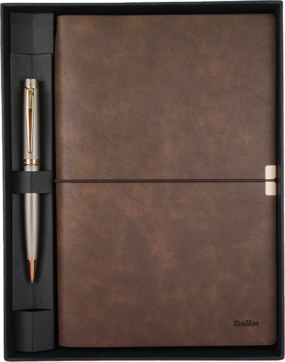 SD700-2-A Toledo Premium Defter A5 Kahverengi & Honour 38 Saten Altın Tükenmez Kalem Seti