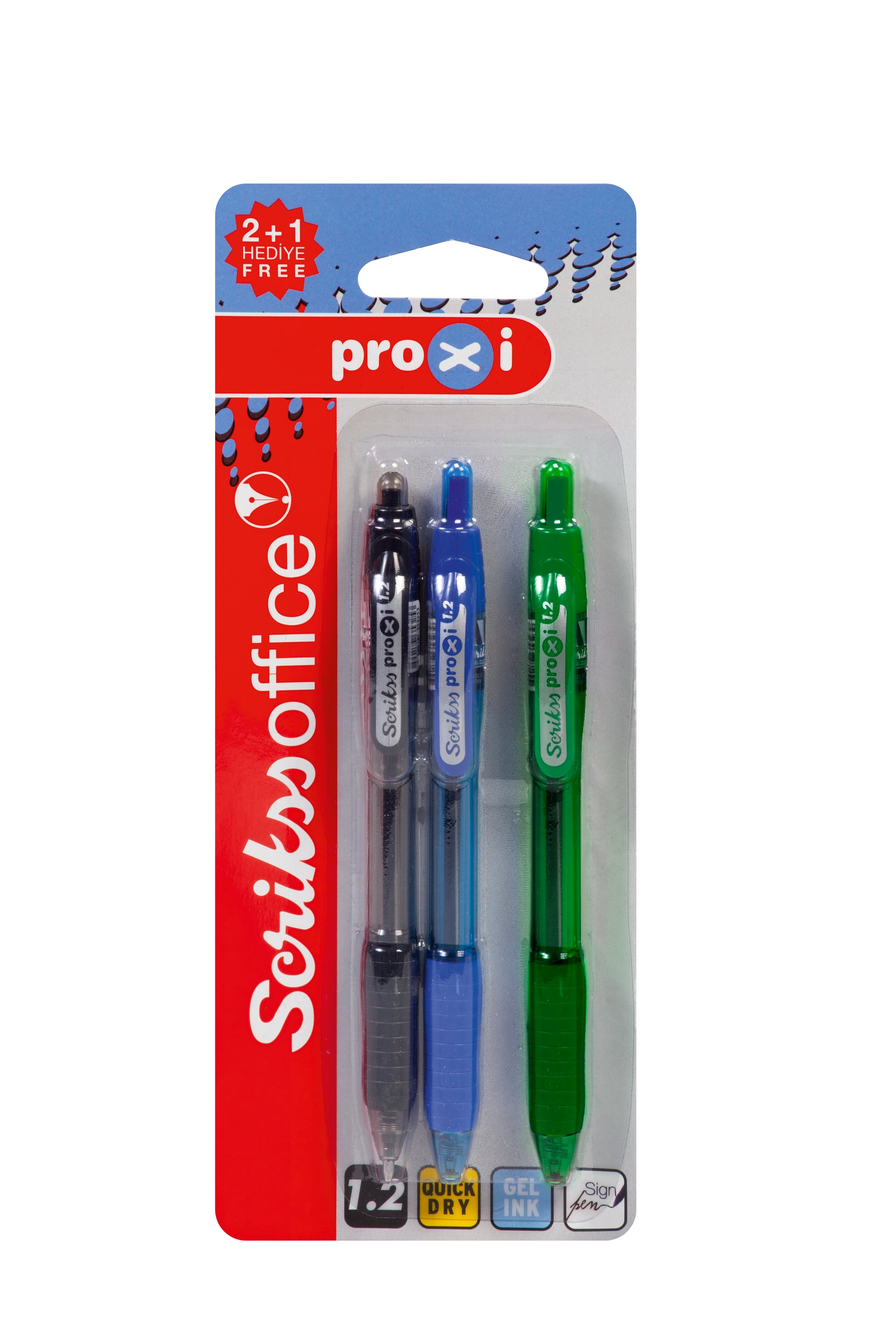Proxi Jel Tükenmez Kalem 1.2 mm 3'lü Blister Siyah - Mavi - Yeşil